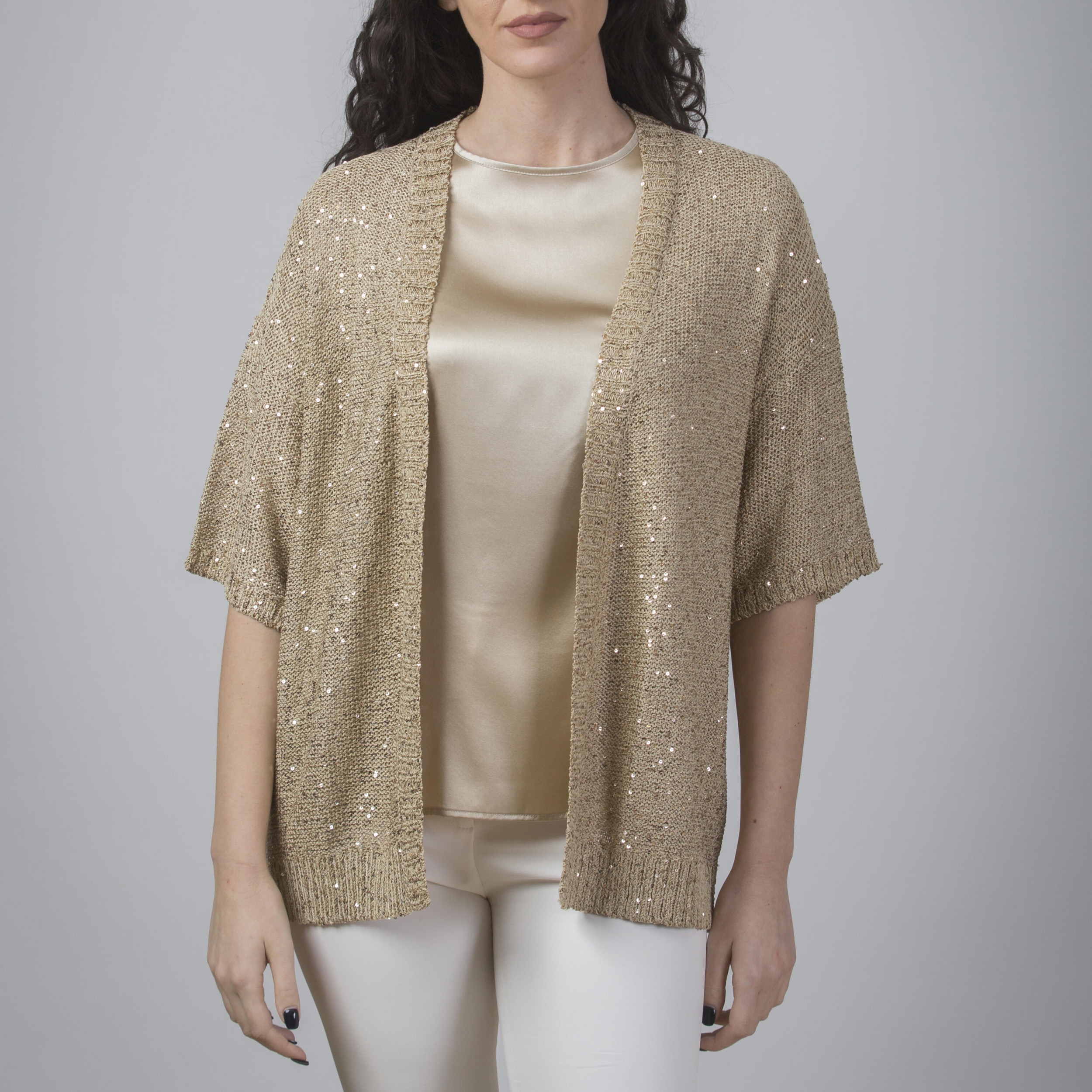 Cardigan donna con manica corta e bordi in maglia lavorata con  micropaillettes Taglia 40 Colore Sabbia