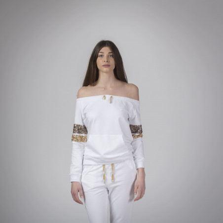 Women's white sweatshirt with bare shoulders and sequins.
