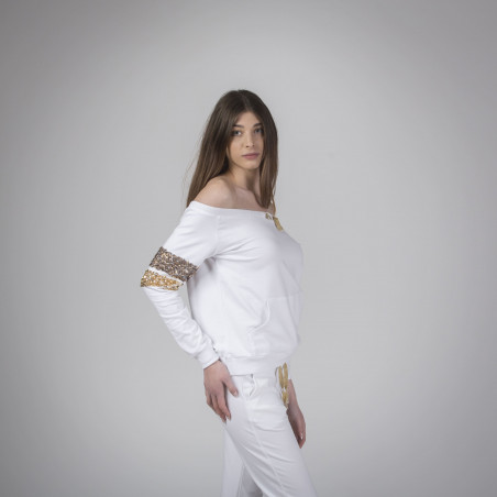 Women's white sweatshirt with bare shoulders and sequins.