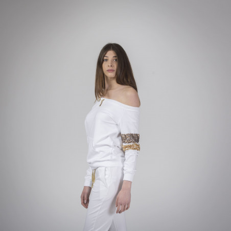 Women's white sweatshirt with bare shoulders and sequins.