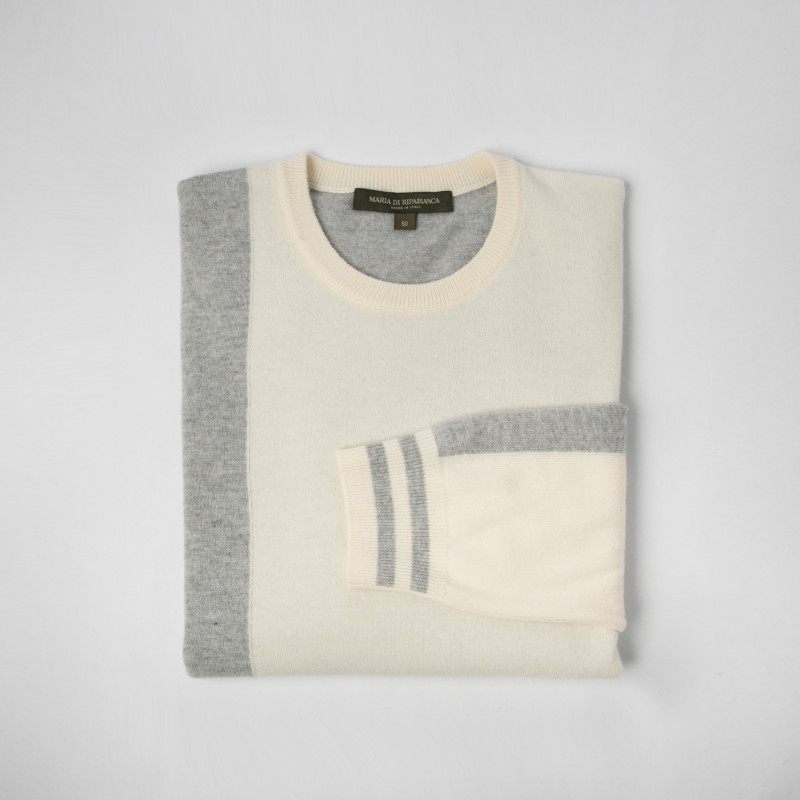 Men's two-tone crew-neck sweater in wool and cashmere. Two-tone crew-neck sweater