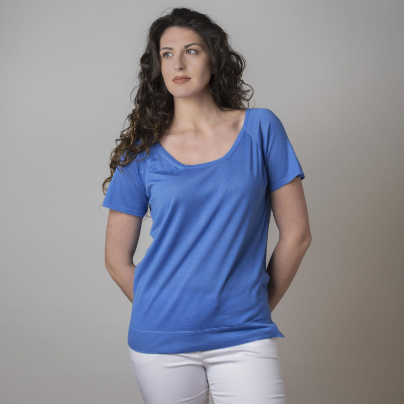 Blauer Cerulean Kaschmirpullover mit halben Ärmeln für Frauen
