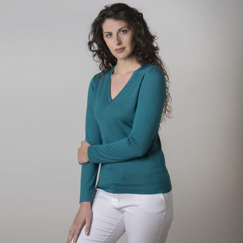 Pullover mit V-Ausschnitt aus Kaschmir und Seide Emerald Frauensweat
